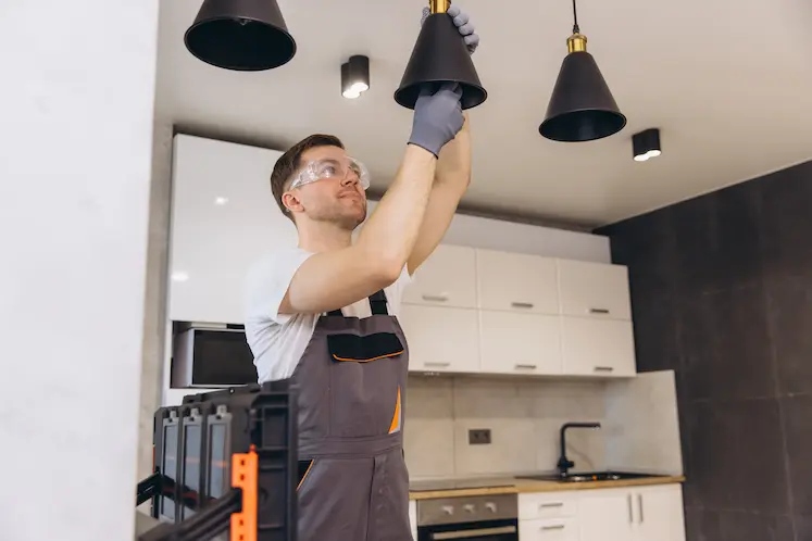 Local electrician installing a lighting fixture at an East Midlands property