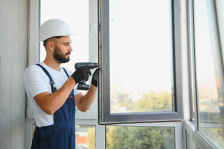 Local locksmith fitting a window in a converted North West building